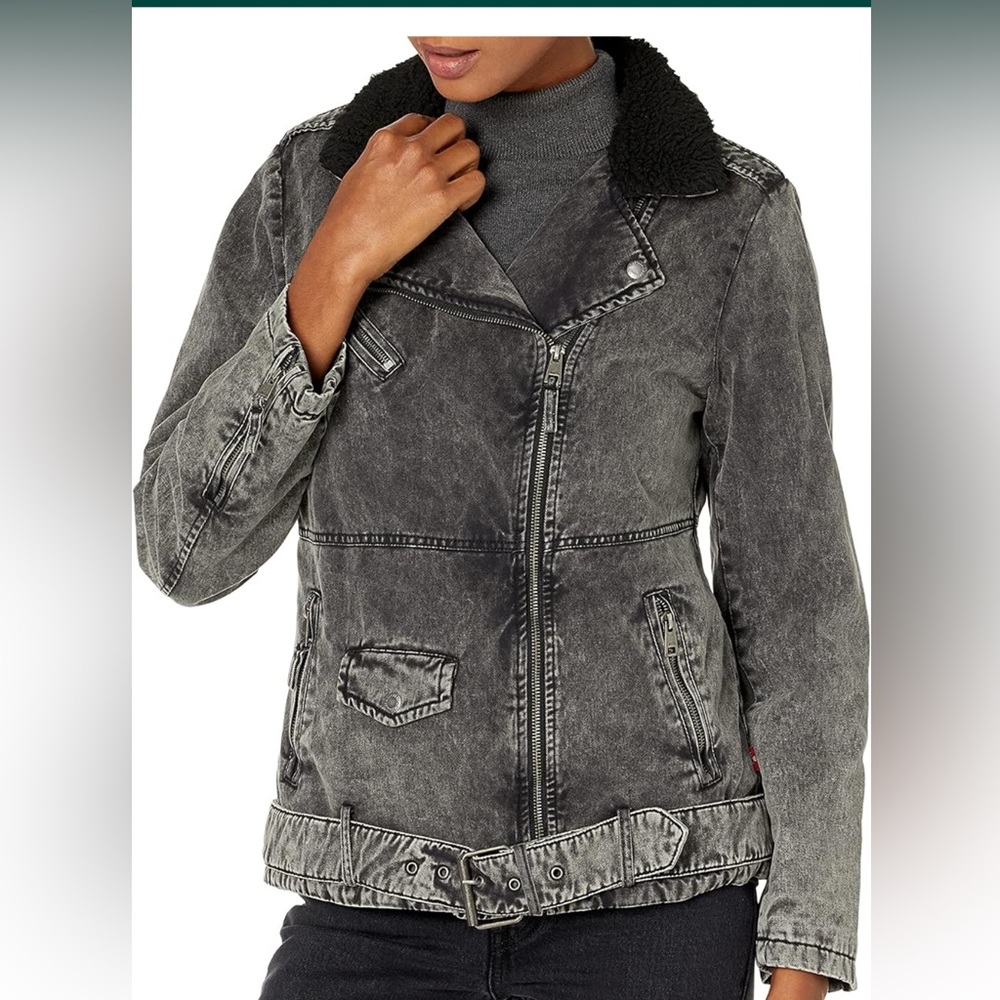 Levi's Women's Black Acid Washer Denim Belted Sherpa Moto Jacket - Size Small